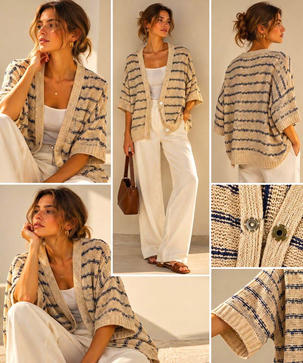 Free People Striped Knit V-Neck Button Open Front Cardigan Short Sleeve Relax XS
